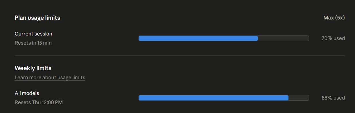 Screenshot of AI subscription usage limits