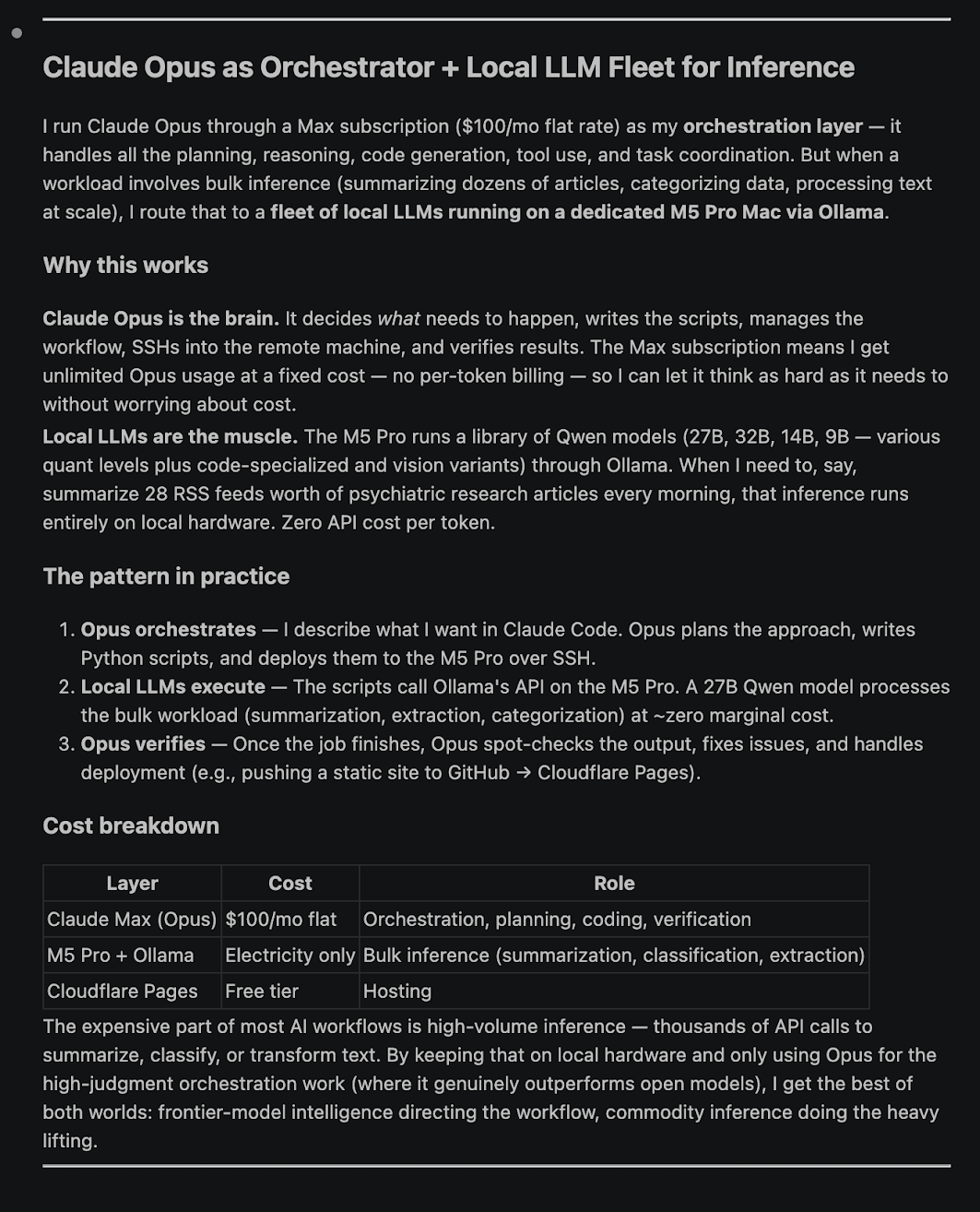 Screenshot explaining frontier model orchestration and local LLM fleet compute