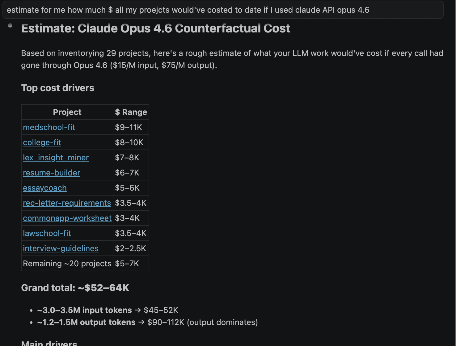 Screenshot estimating counterfactual model API costs